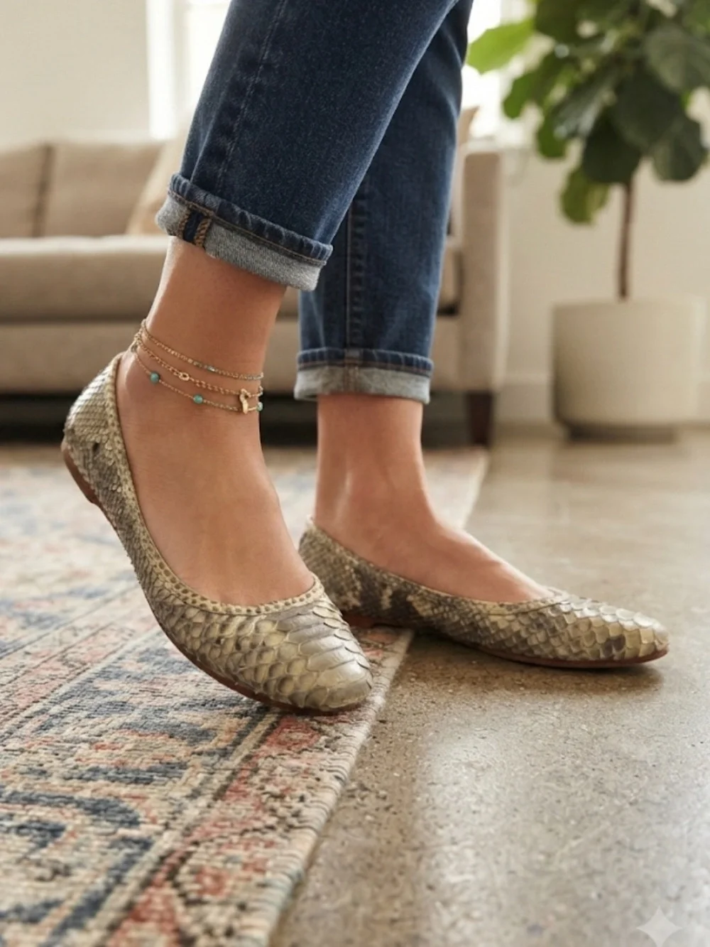 Frye Snake Embossed Gold Ballet Flats Leather Slip-On Size 10